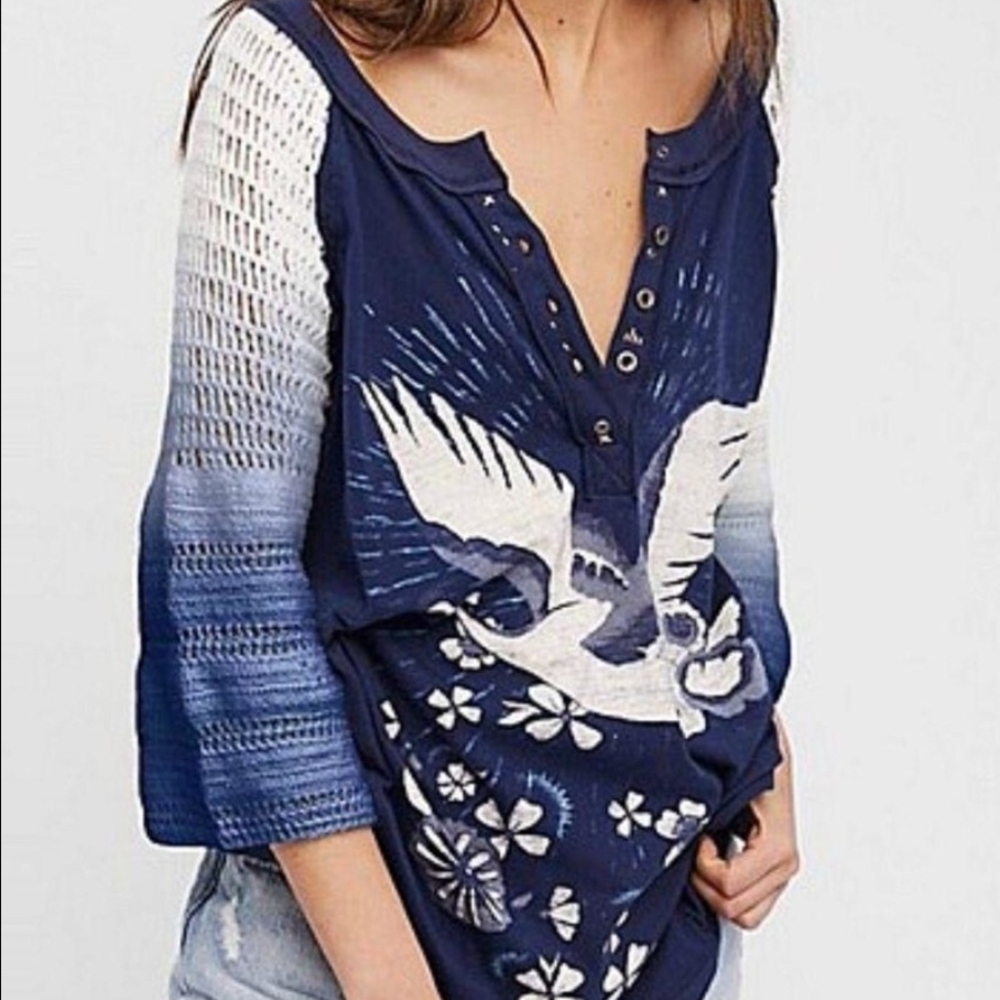 Free People Blue Tranquility Crochet Sleeve Henley with Eagle Graphic